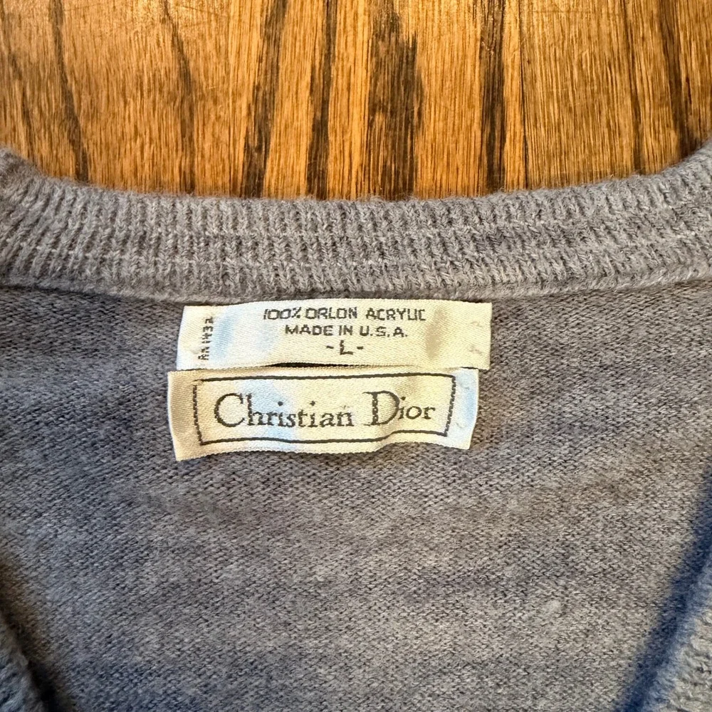 Christian Dior Monsieur Vintage 80s V-Neck Sweater Logo Orlon Large‎ Gray